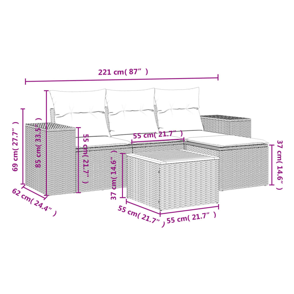 Thumbnail - vidaXL 5-tlg. Garten-Sofagarnitur mit Kissen Beige Poly Rattan