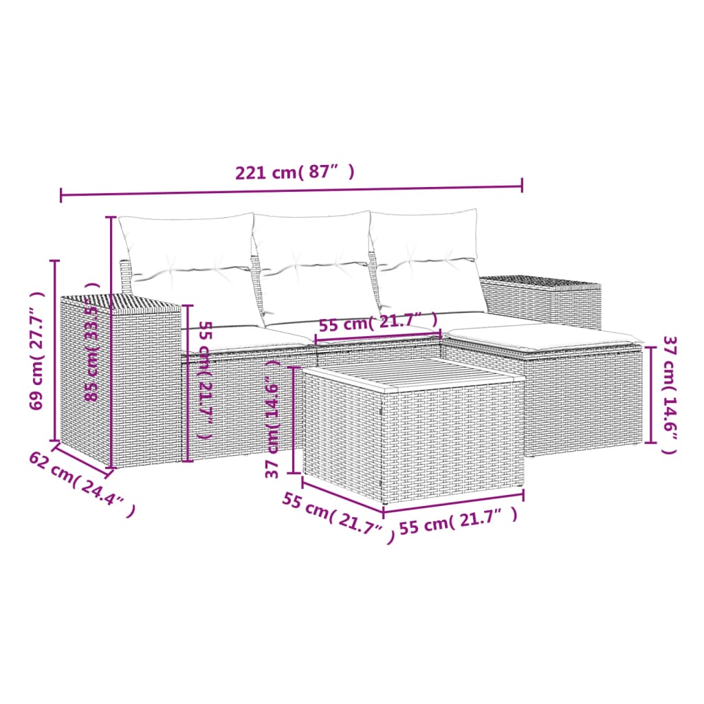 Set canapea de grădină cu perne, 5 piese, gri, poliratan 3257747 - imagine 3