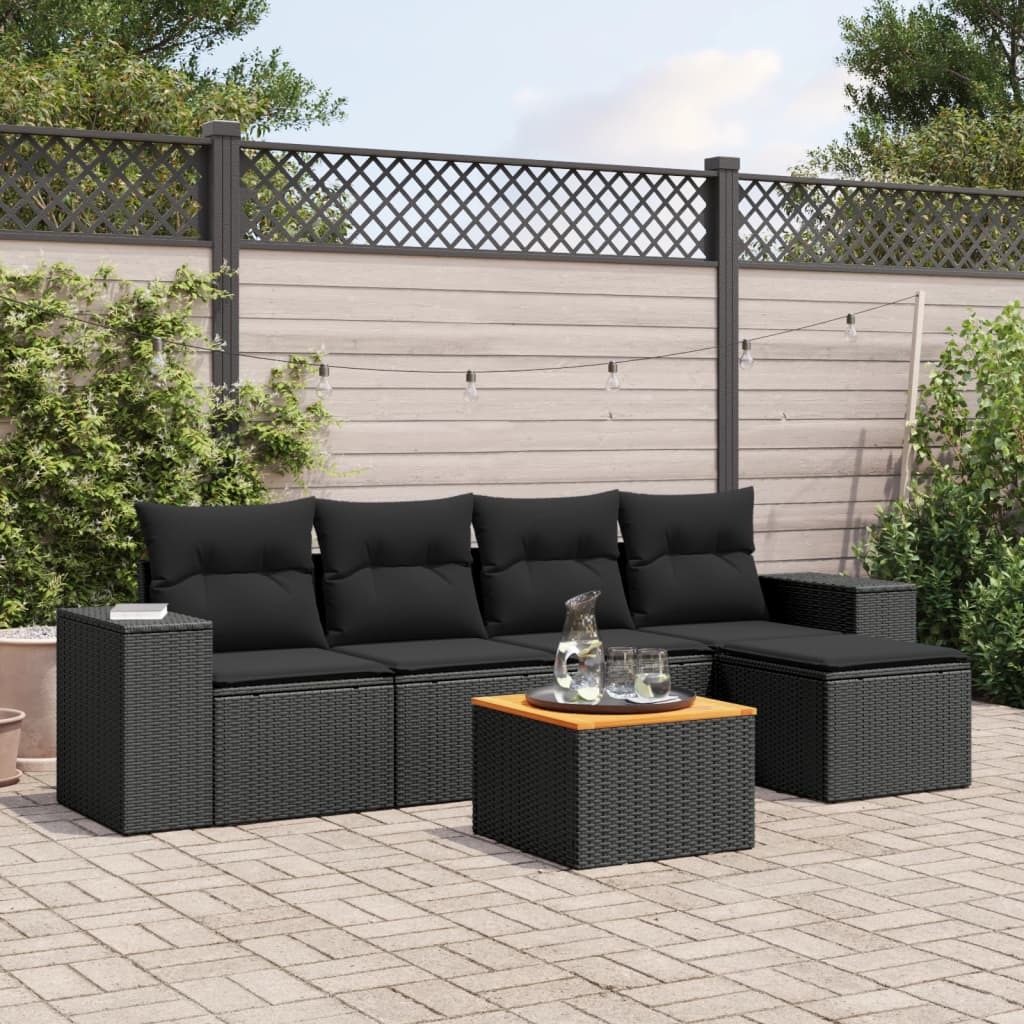 vidaXL 6-tlg. Garten-Sofagarnitur mit Kissen Schwarz Poly Rattan