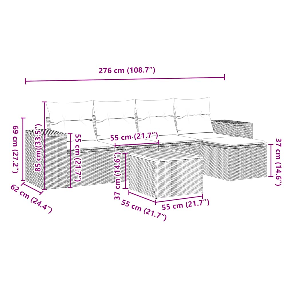 vidaXL 6-delige Loungeset met kussens poly rattan zwart afbeelding