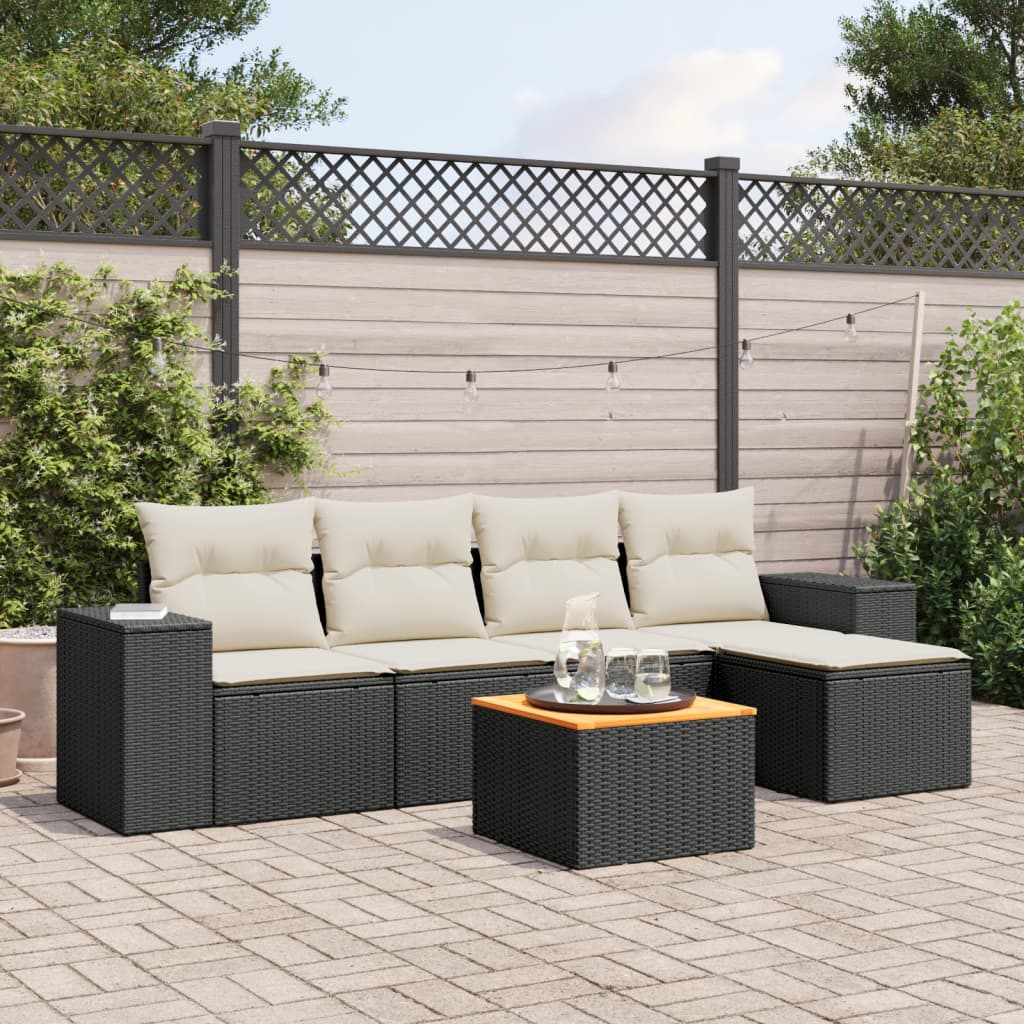 6-tlg. Garten-Sofagarnitur mit Kissen Schwarz Poly Rattan