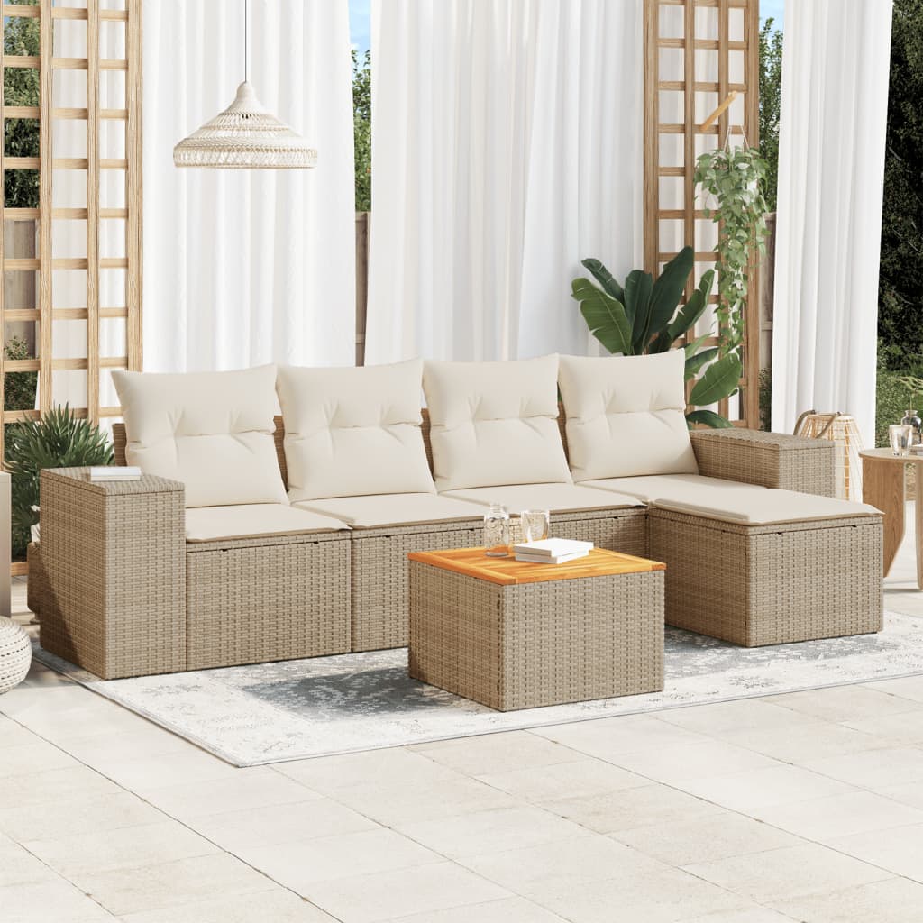 6-tlg. Garten-Sofagarnitur mit Kissen Beige Poly Rattan