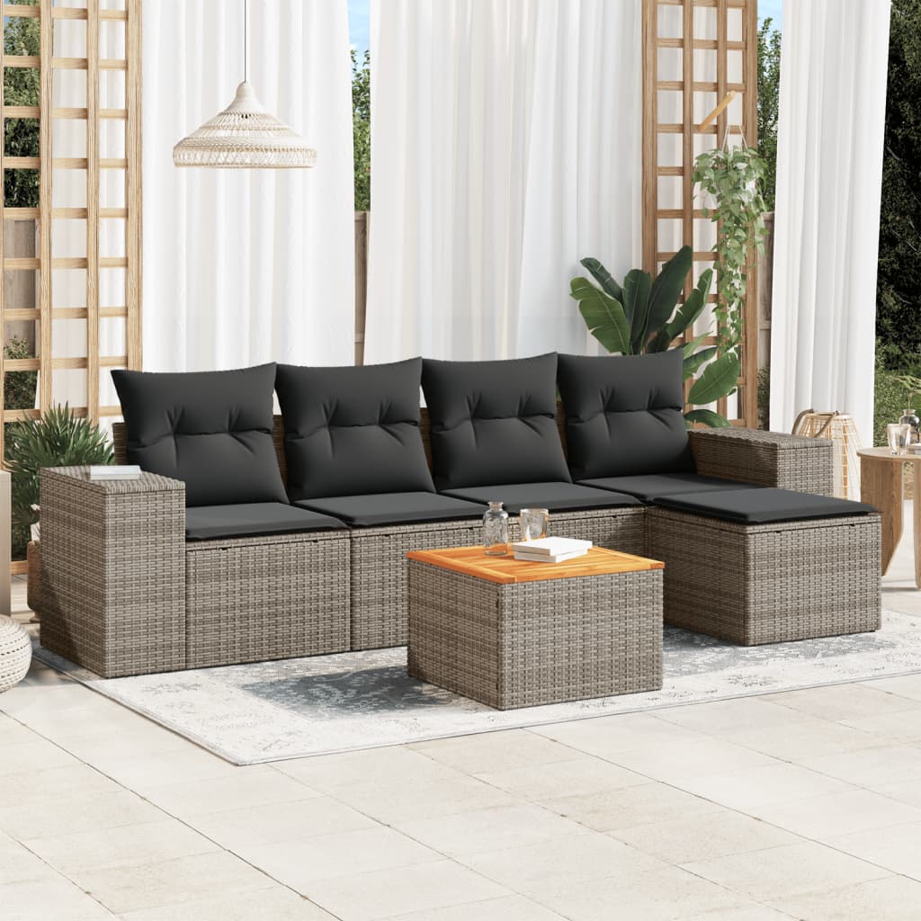 vidaXL 6-tlg. Garten-Sofagarnitur mit Kissen Grau Poly Rattan