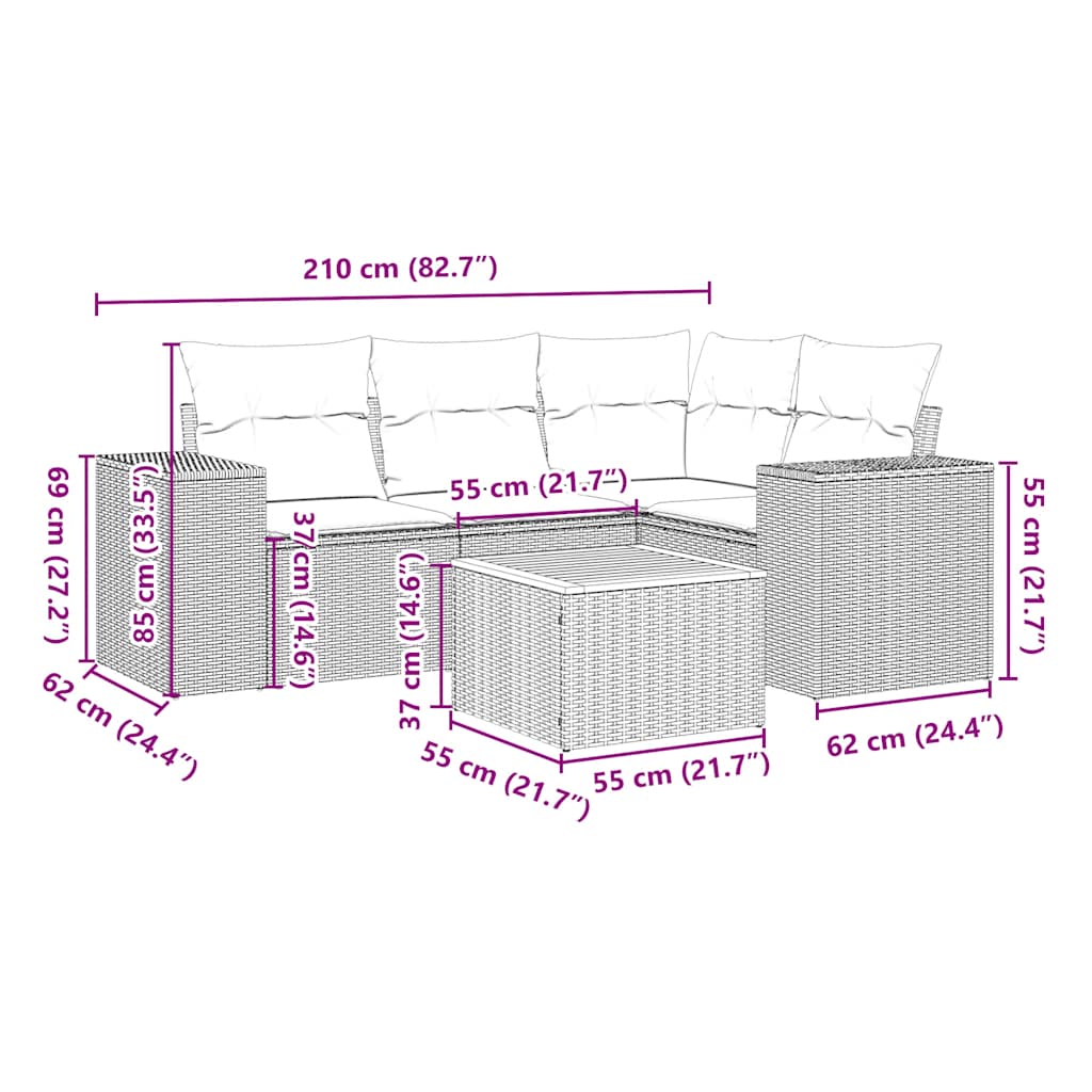 vidaXL 5-delige Loungeset met kussens poly rattan zwart afbeelding