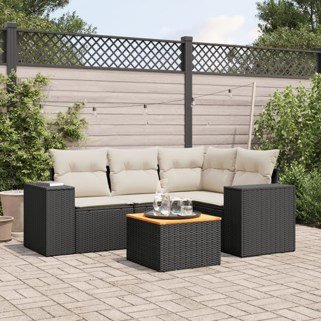 5-tlg. Garten-Sofagarnitur mit Kissen Schwarz Poly Rattan