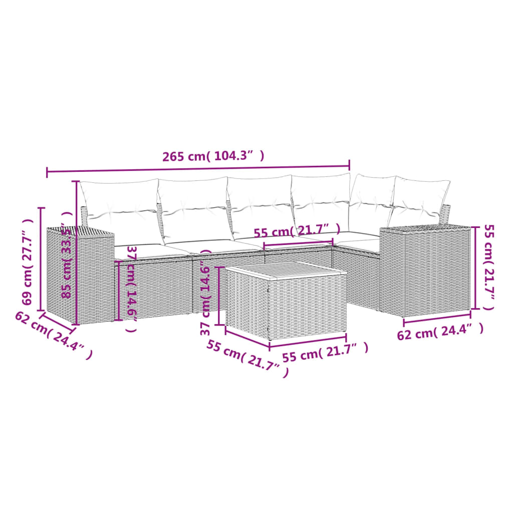 vidaXL 6-delige Loungeset met kussens poly rattan zwart afbeelding