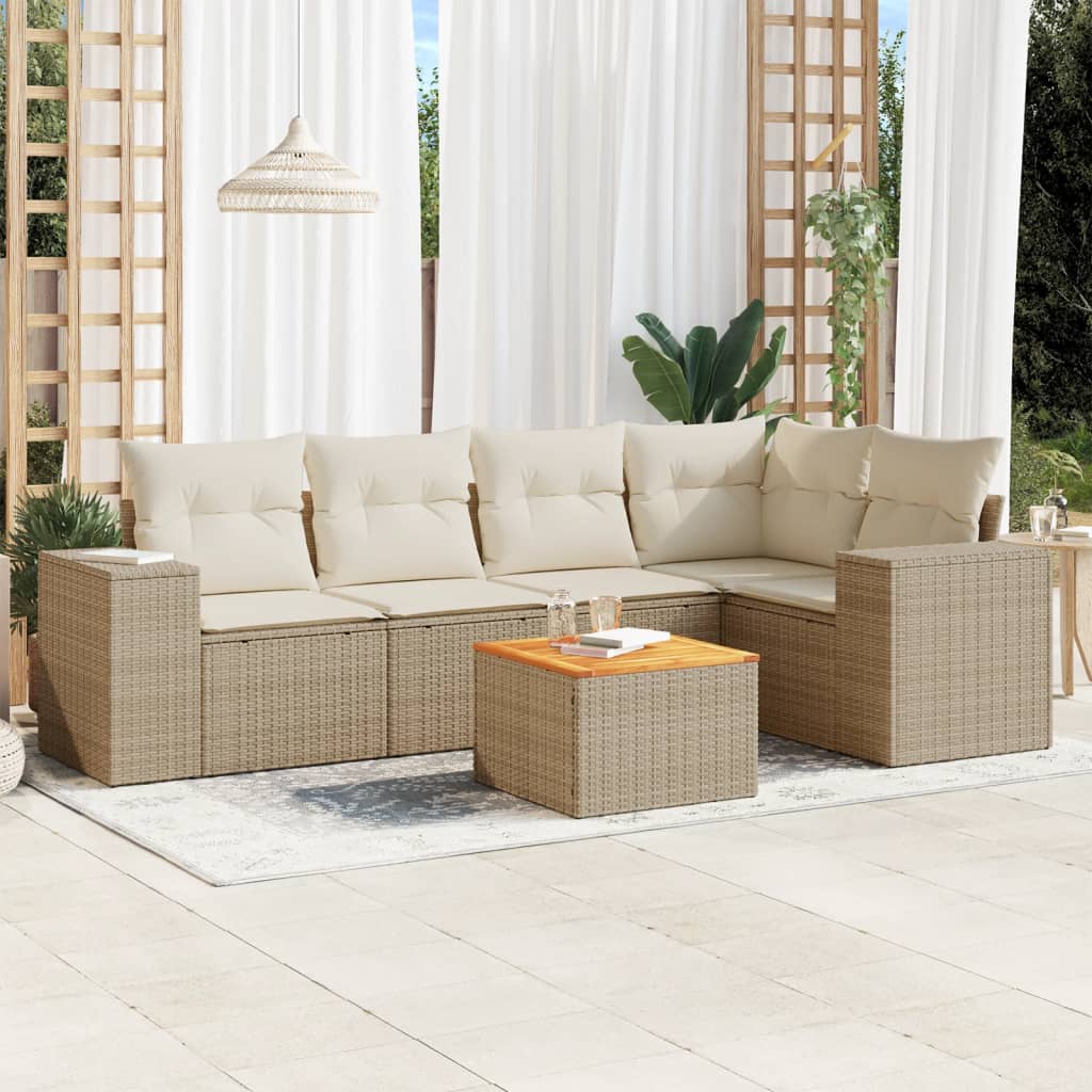 vidaXL 6-tlg. Garten-Sofagarnitur mit Kissen Beige Poly Rattan