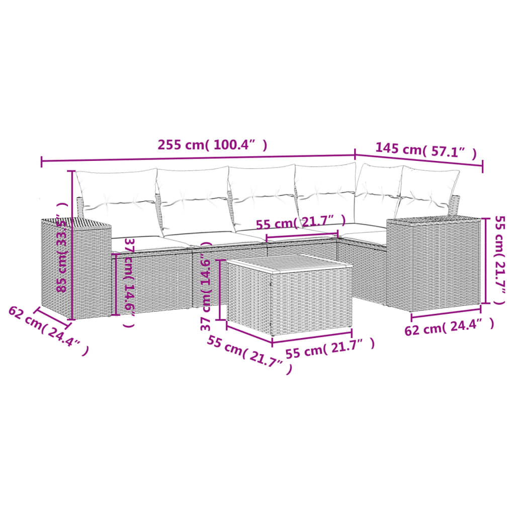 vidaXL 6-delige Loungeset met kussens poly rattan grijs afbeelding