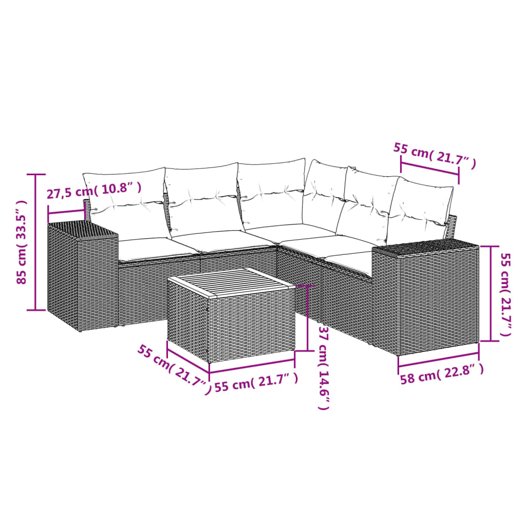 vidaXL 6-delige Loungeset met kussens poly rattan zwart afbeelding