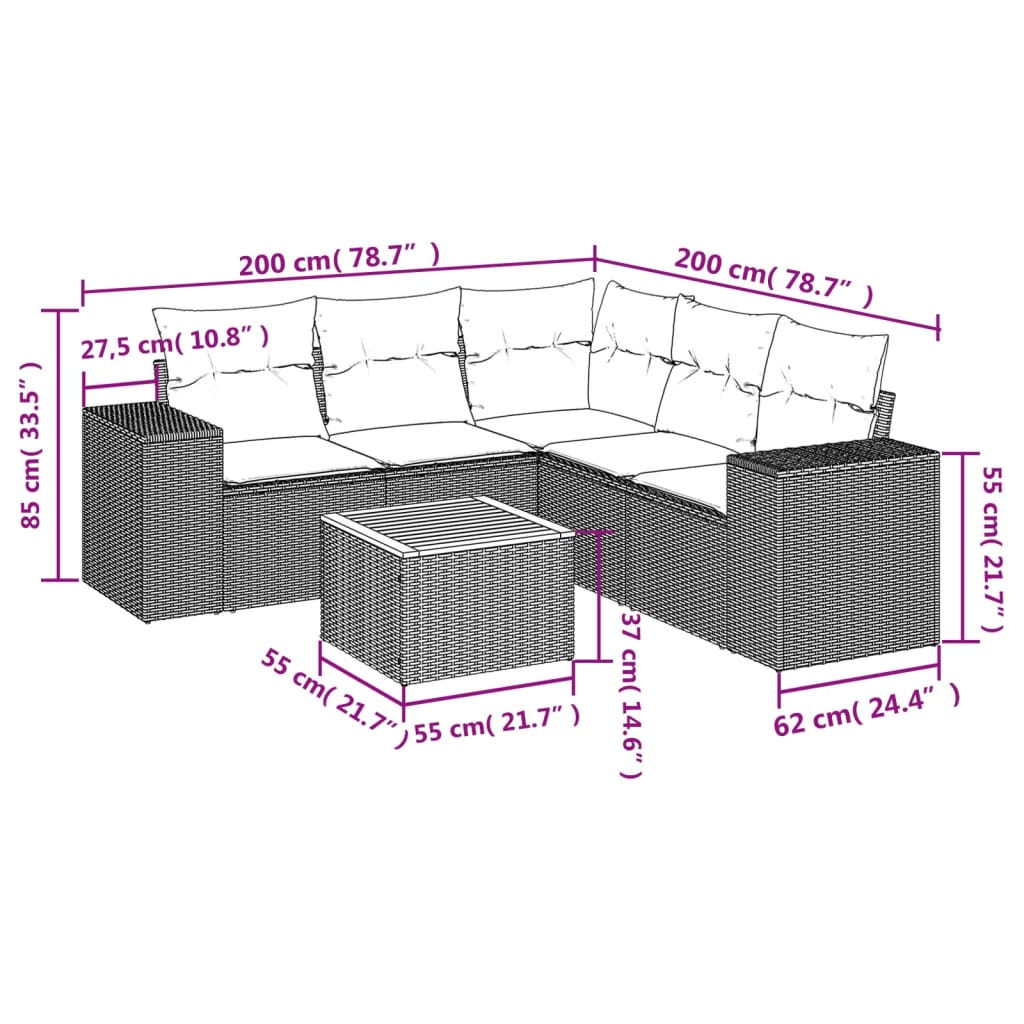 vidaXL 6-delige Loungeset met kussens poly rattan grijs afbeelding