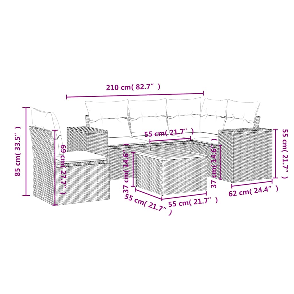 Set mobilier de grădină cu perne, 6 piese, negru, poliratan 3257777 - imagine 3
