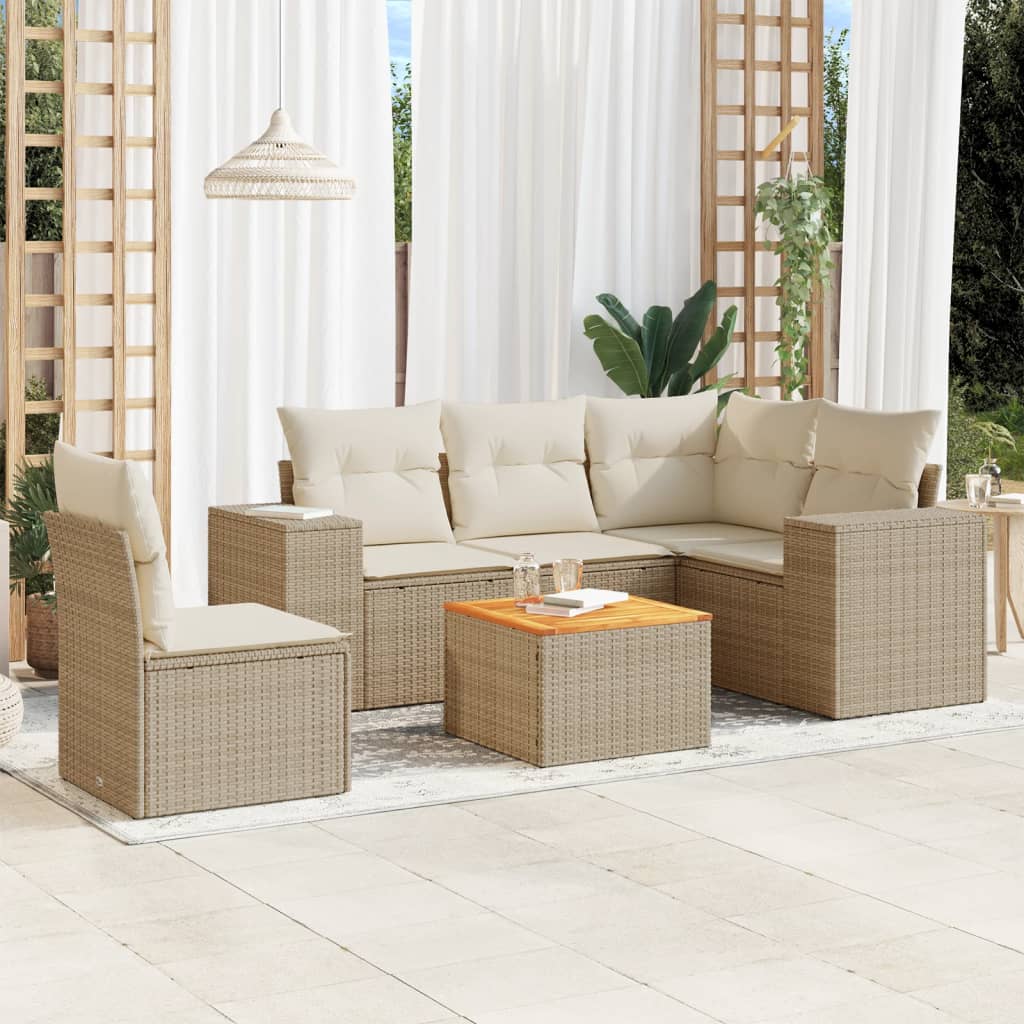 vidaXL 6-tlg. Garten-Sofagarnitur mit Kissen Beige Poly Rattan