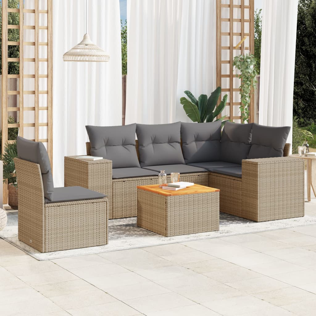 vidaXL 6-tlg. Garten-Sofagarnitur mit Kissen Beige Poly Rattan