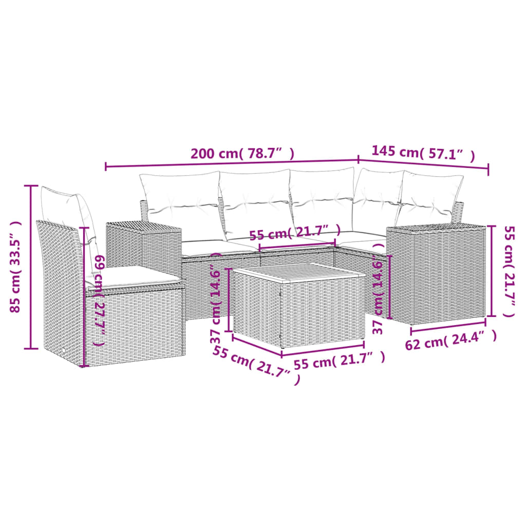 vidaXL 6-delige Loungeset met kussens poly rattan grijs afbeelding
