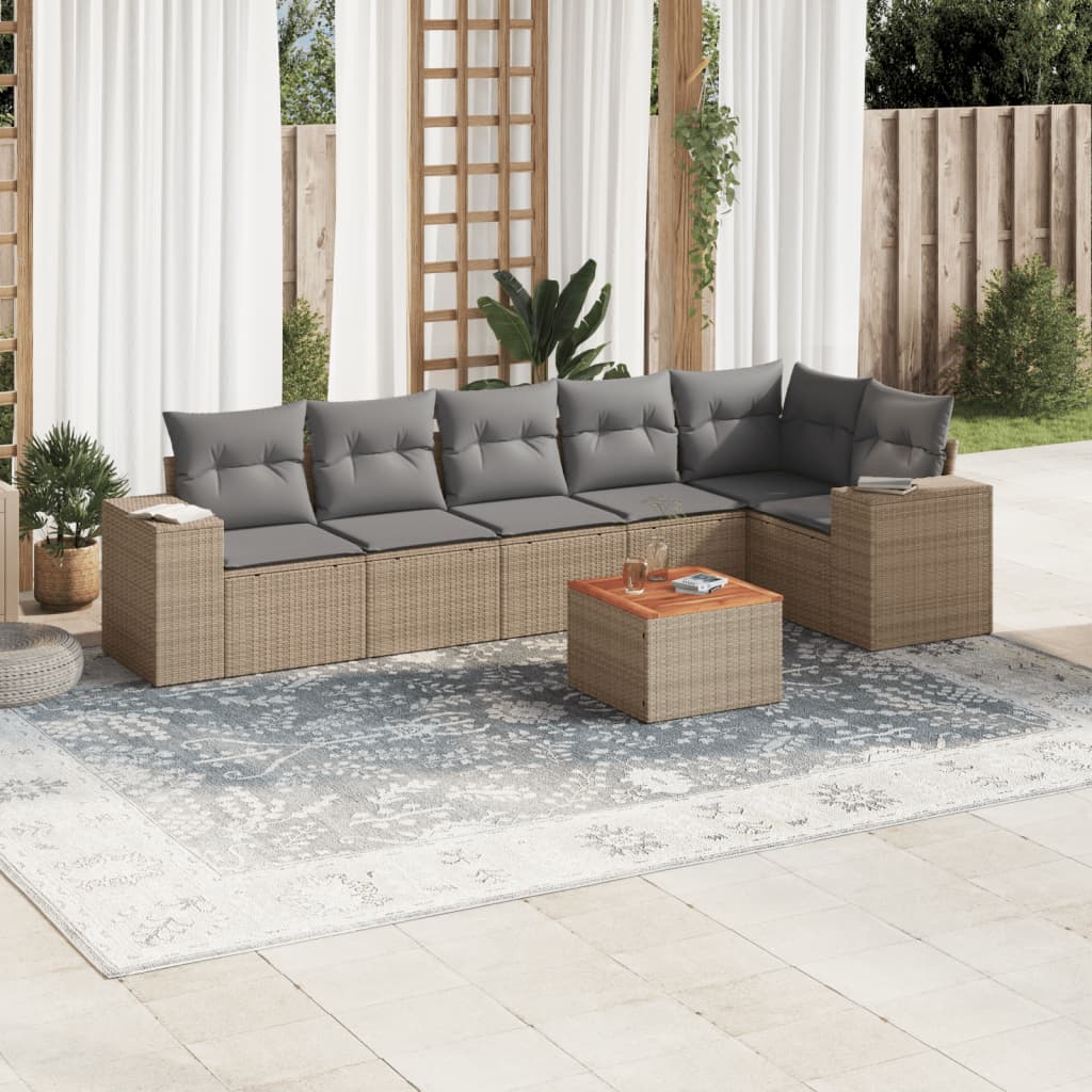 vidaXL 7-tlg. Garten-Sofagarnitur mit Kissen Beige Poly Rattan