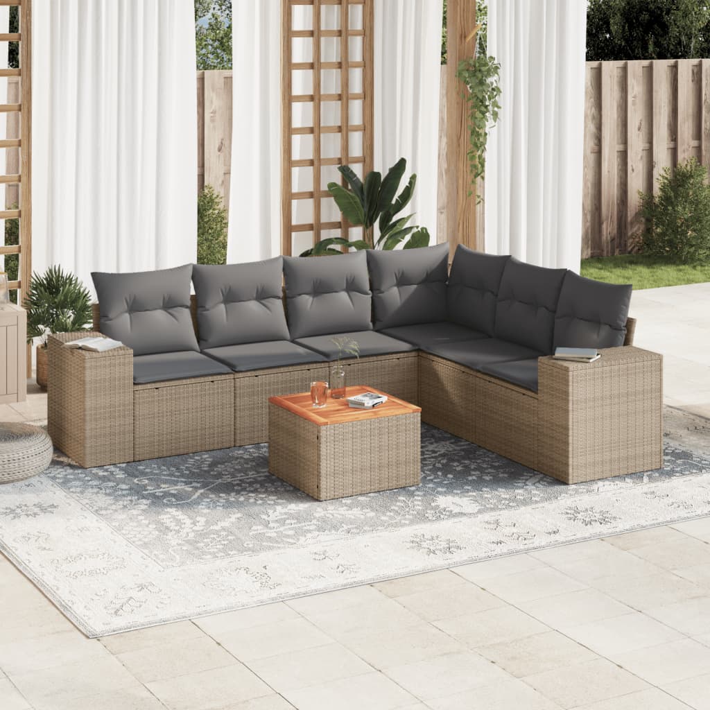 vidaXL 7-tlg. Garten-Sofagarnitur mit Kissen Beige Poly Rattan