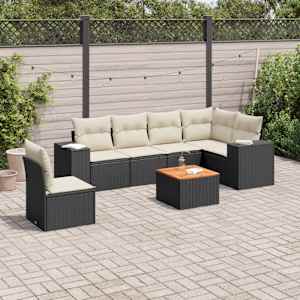 Vrtna sedežna garnitura 7-delna z blazinami črn poli ratan