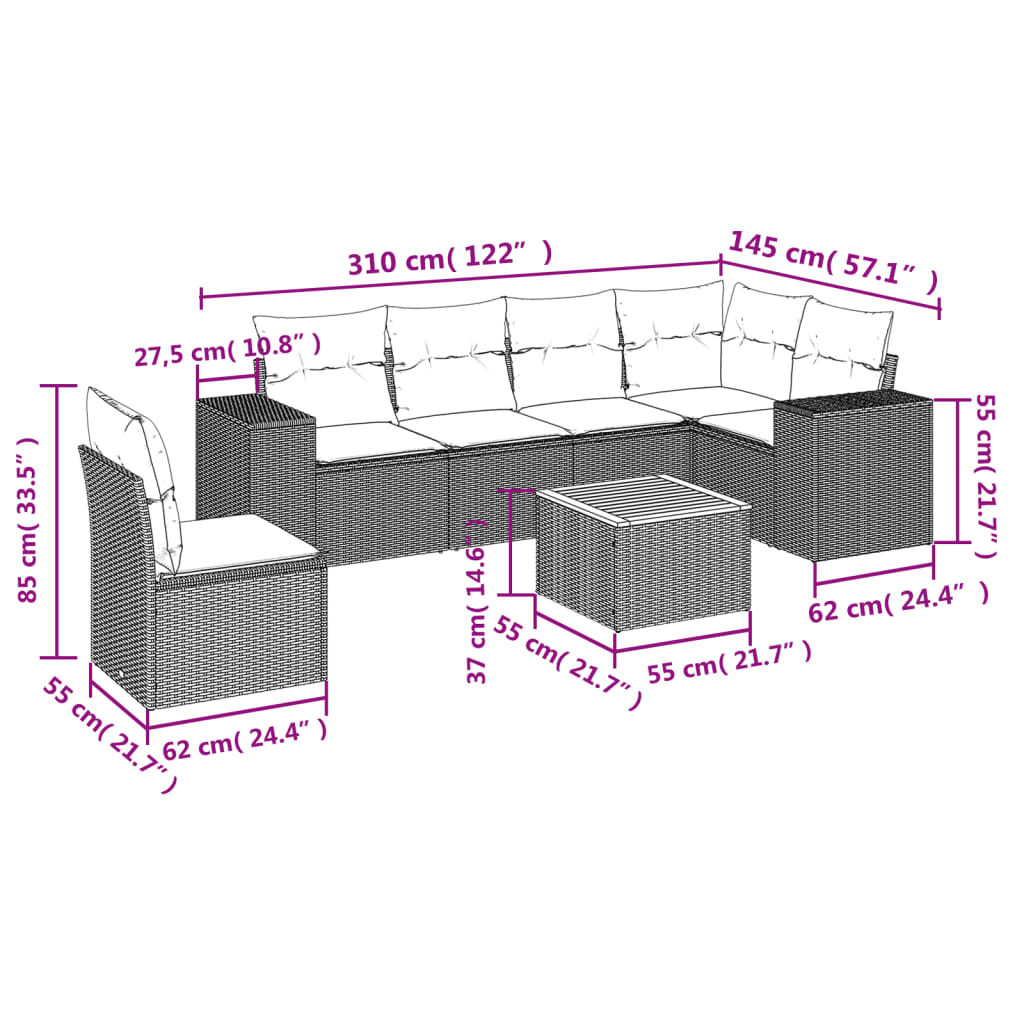 vidaXL 7-delige Loungeset met kussens poly rattan grijs afbeelding