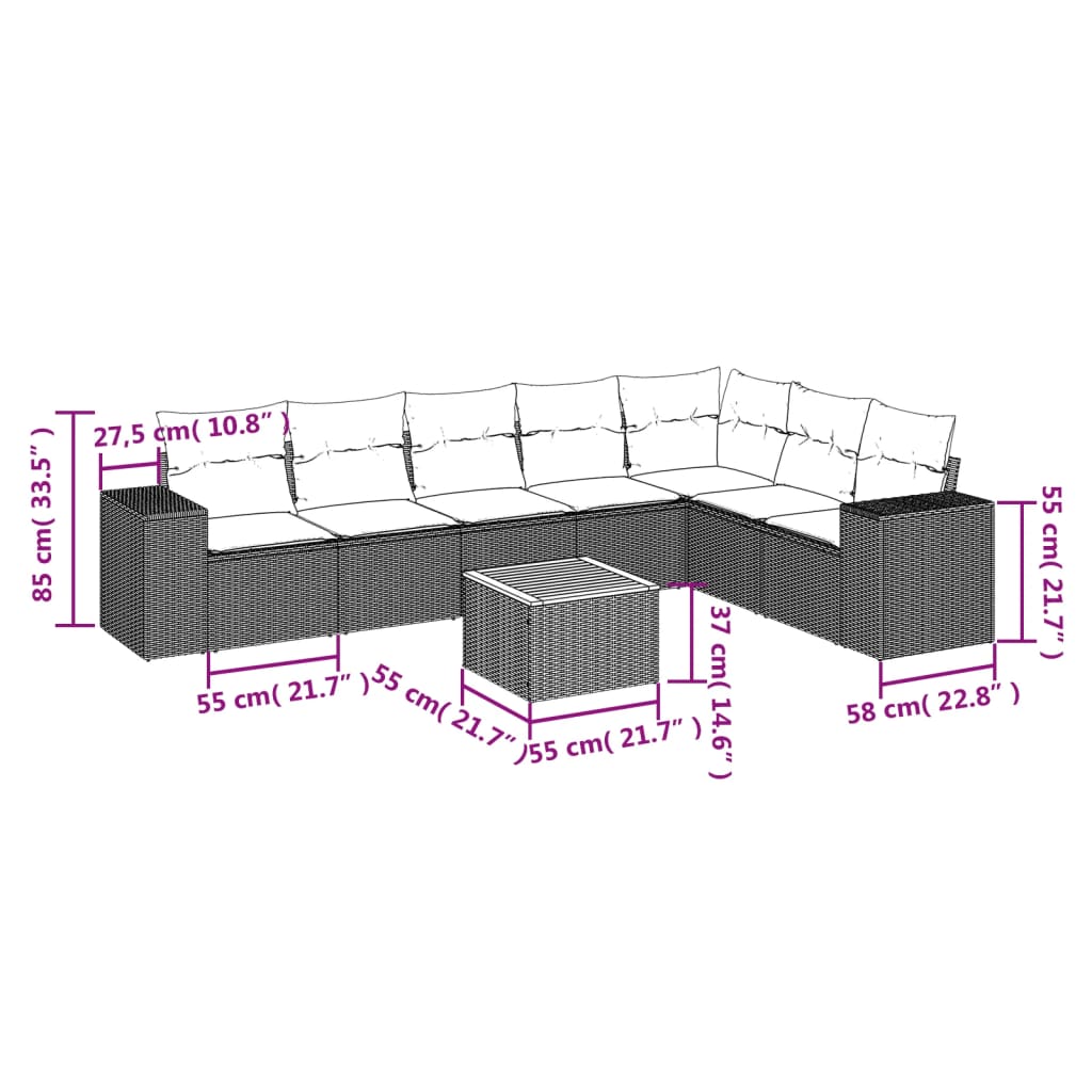 Set mobilier de grădină cu perne, 8 piese, negru, poliratan 3257806 - imagine 3