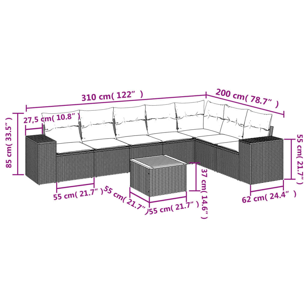 vidaXL 8-delige Loungeset met kussens poly rattan grijs afbeelding