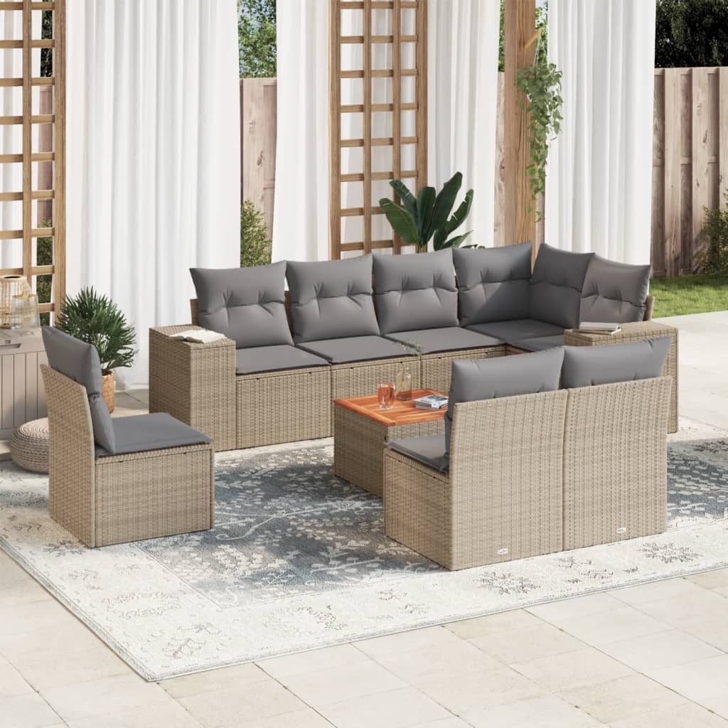 9-tlg. Garten-Sofagarnitur mit Kissen Beige Poly Rattan