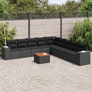 Vrtna sedežna garnitura 10-delna z blazinami črn poli ratan