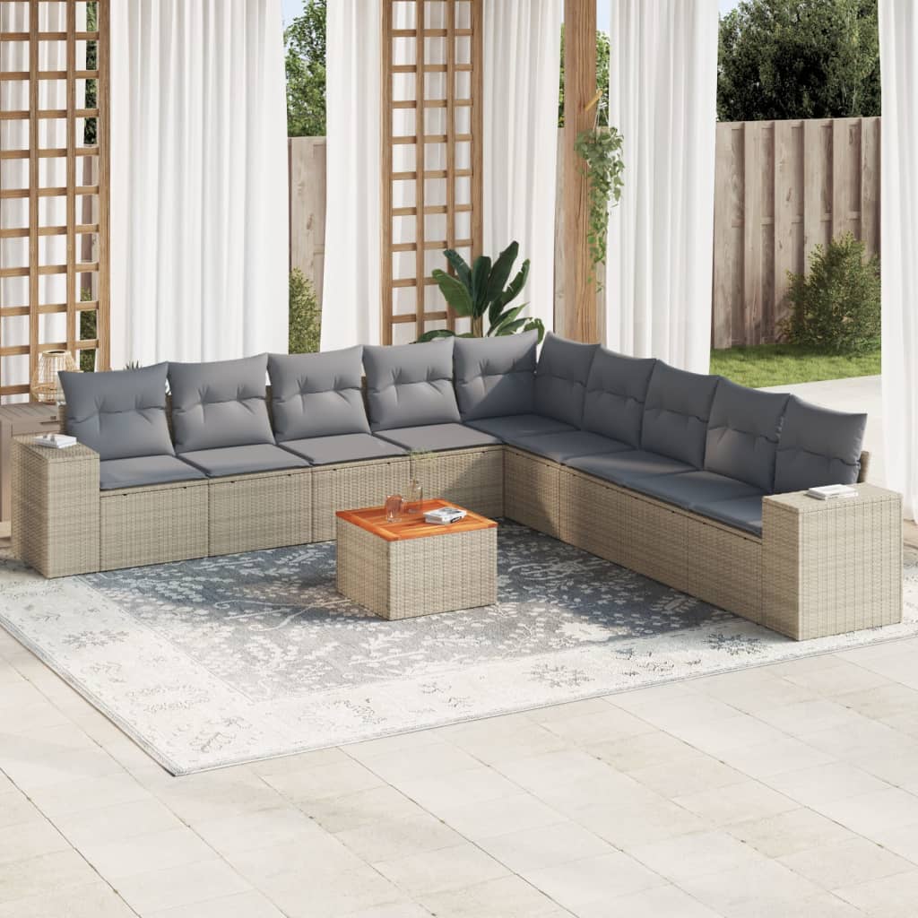 vidaXL 10-tlg. Garten-Sofagarnitur mit Kissen Beige Poly Rattan