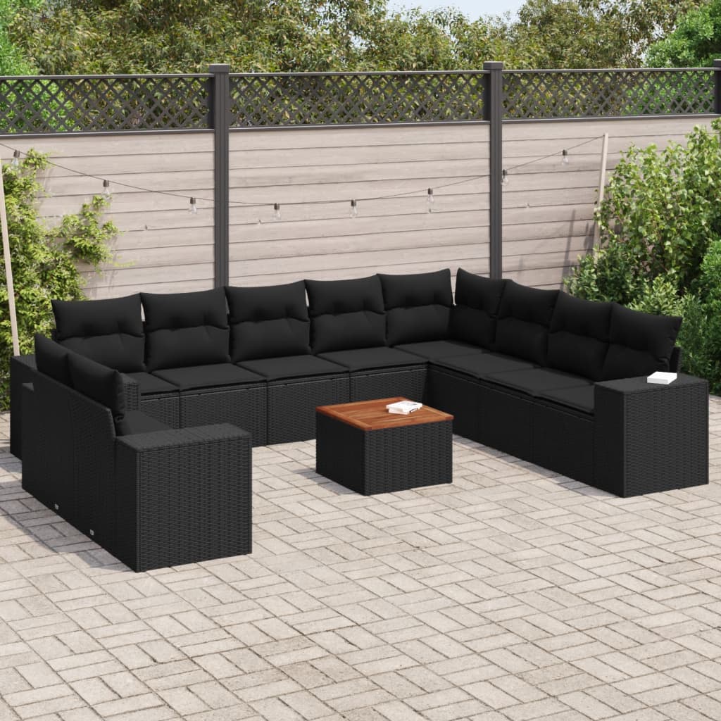 vidaXL 11-tlg. Garten-Sofagarnitur mit Kissen Schwarz Poly Rattan