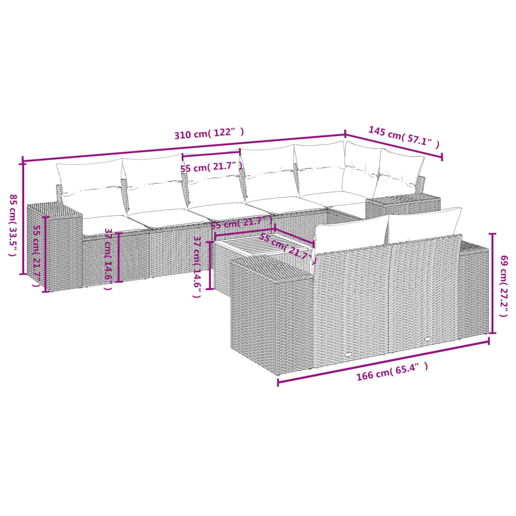 vidaXL 9-delige Loungeset met kussens poly rattan zwart