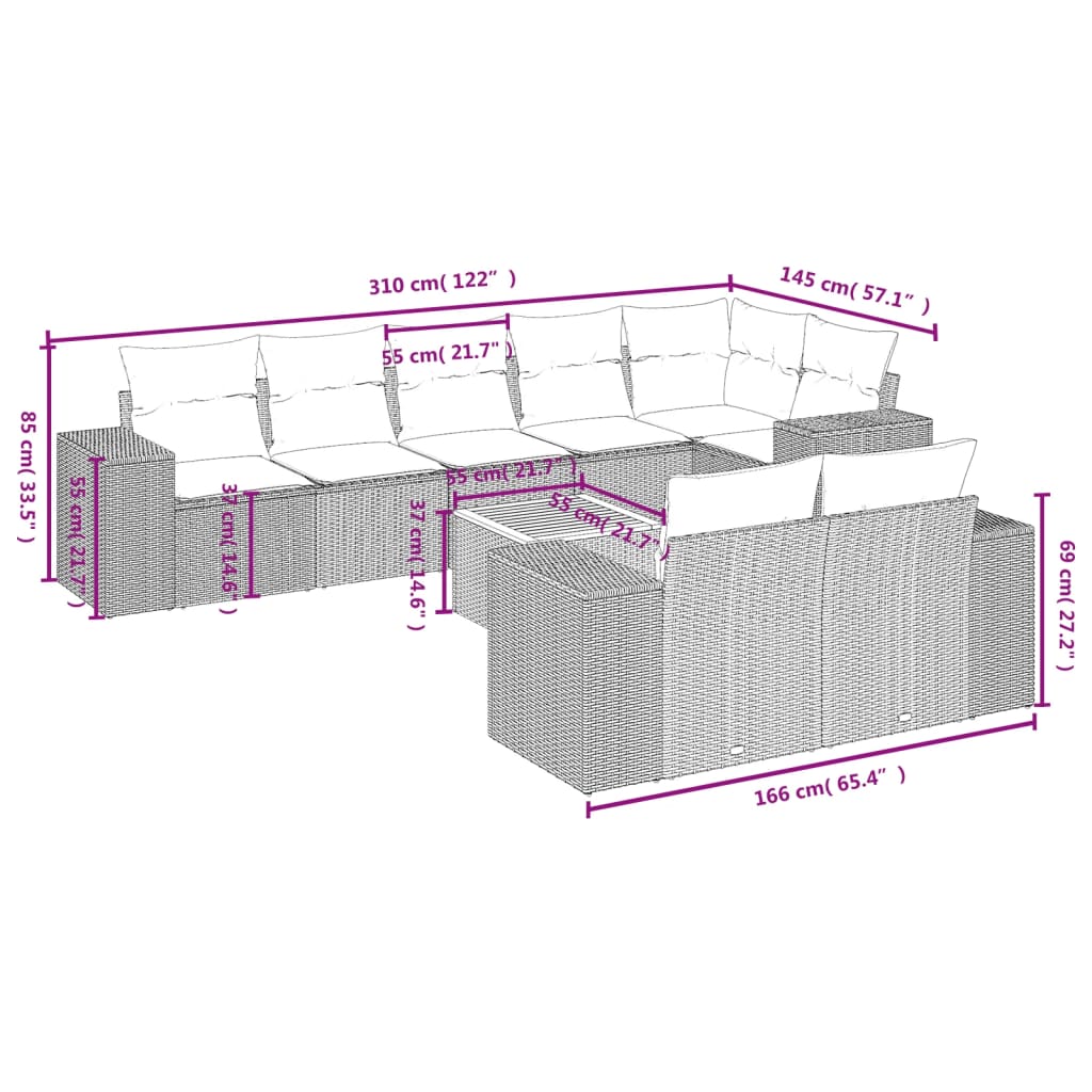 vidaXL 9-delige Loungeset met kussens poly rattan grijs afbeelding