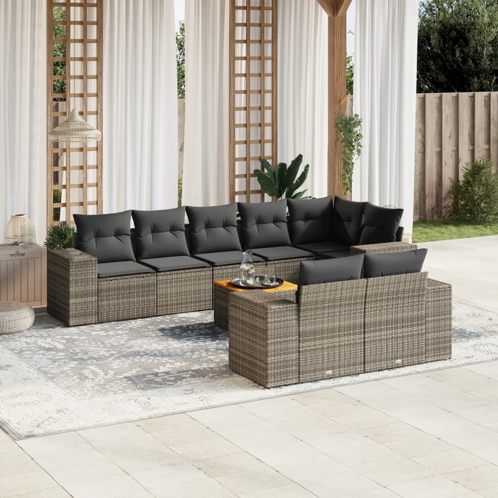 vidaXL 9-tlg. Garten-Sofagarnitur mit Kissen Grau Poly Rattan