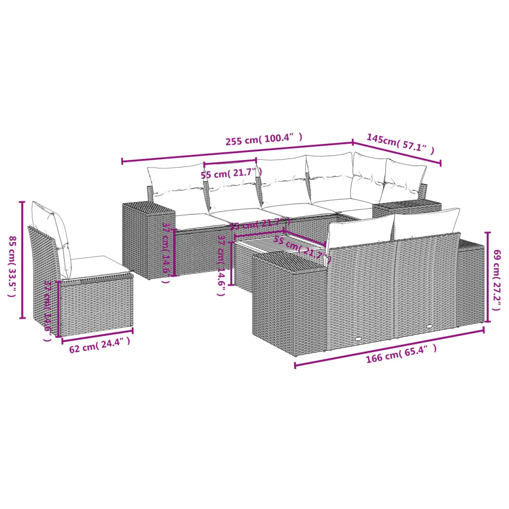 vidaXL 9-delige Loungeset met kussens poly rattan zwart afbeelding