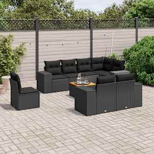 Vrtna sedežna garnitura 9-delna z blazinami črn poli ratan