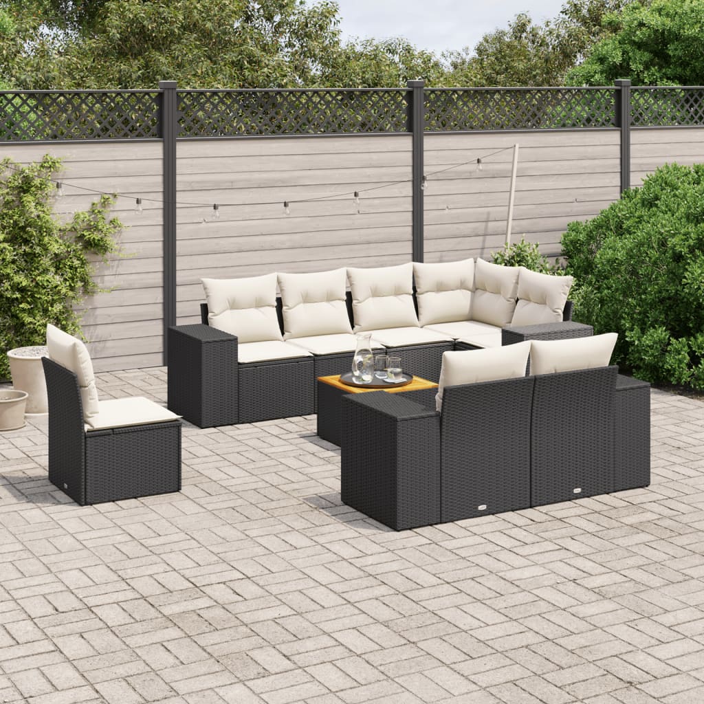 vidaXL 9-tlg. Garten-Sofagarnitur mit Kissen Schwarz Poly Rattan