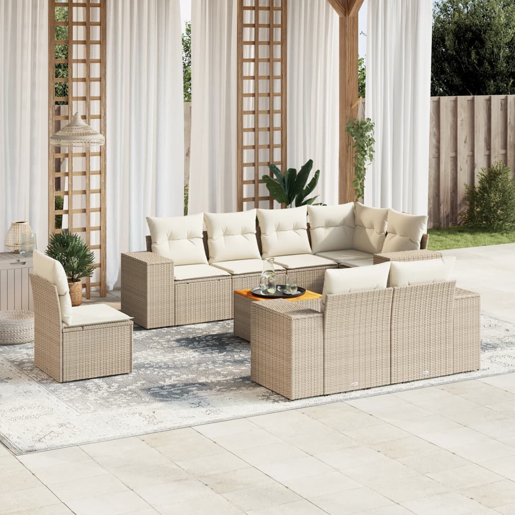 vidaXL 9-tlg. Garten-Sofagarnitur mit Kissen Beige Poly Rattan