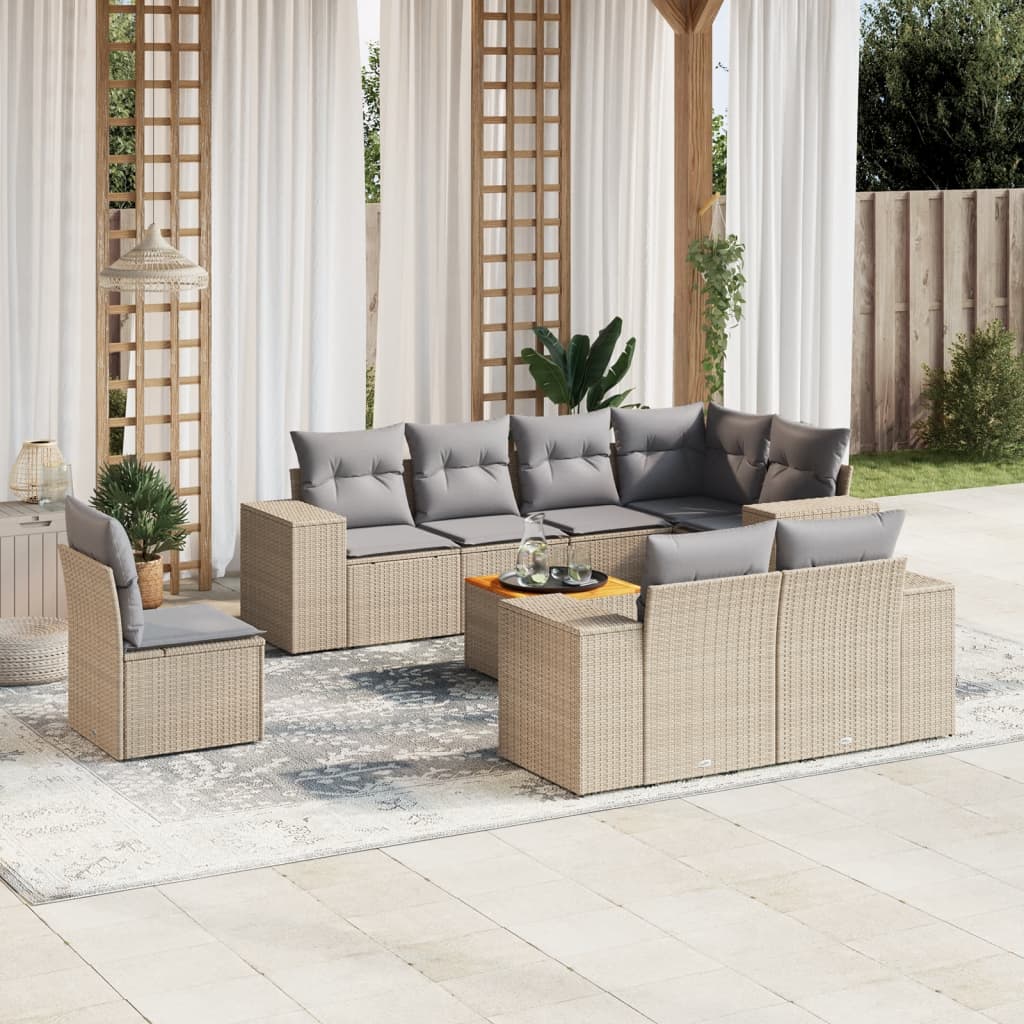 9-tlg. Garten-Sofagarnitur mit Kissen Beige Poly Rattan