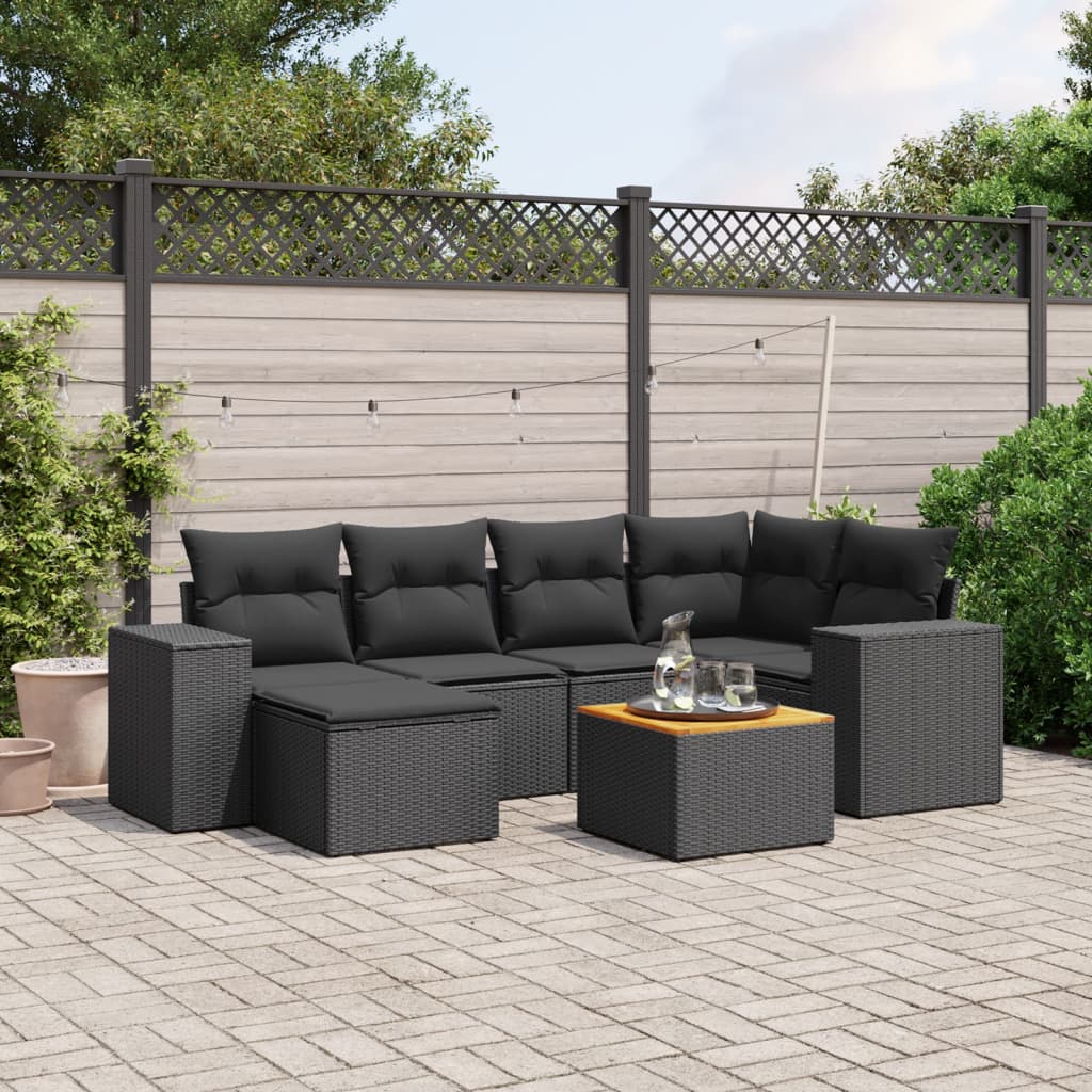 vidaXL 7-tlg. Garten-Sofagarnitur mit Kissen Schwarz Poly Rattan