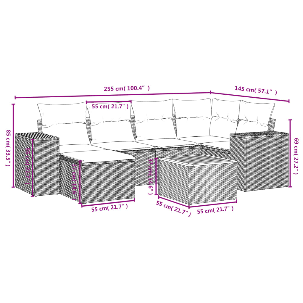 vidaXL 7-delige Loungeset met kussens poly rattan beige afbeelding