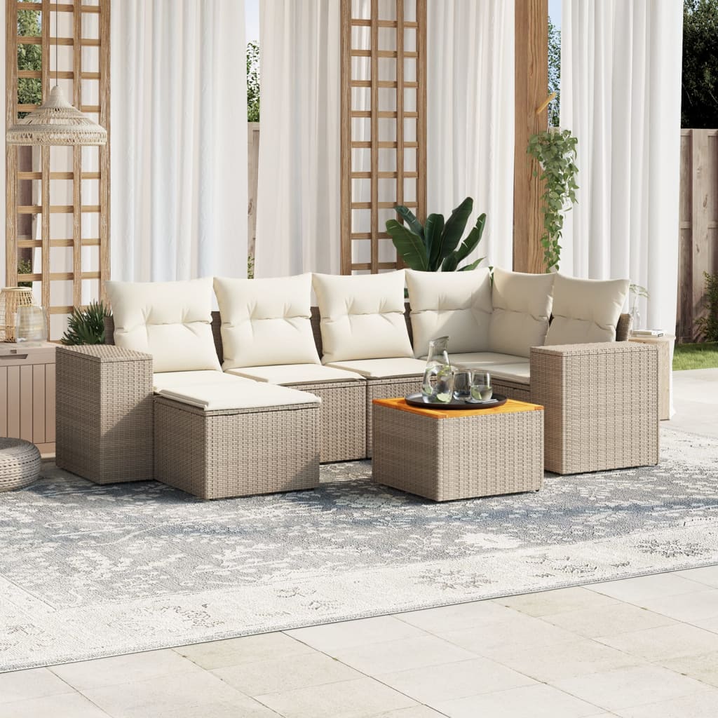 vidaXL 7-tlg. Garten-Sofagarnitur mit Kissen Beige Poly Rattan