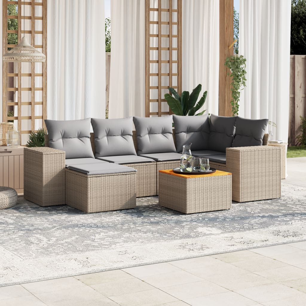 7-tlg. Garten-Sofagarnitur mit Kissen Beige Poly Rattan