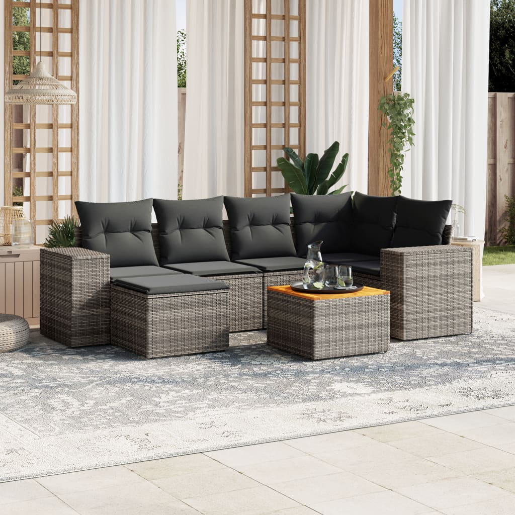 7-tlg. Garten-Sofagarnitur mit Kissen Grau Poly Rattan