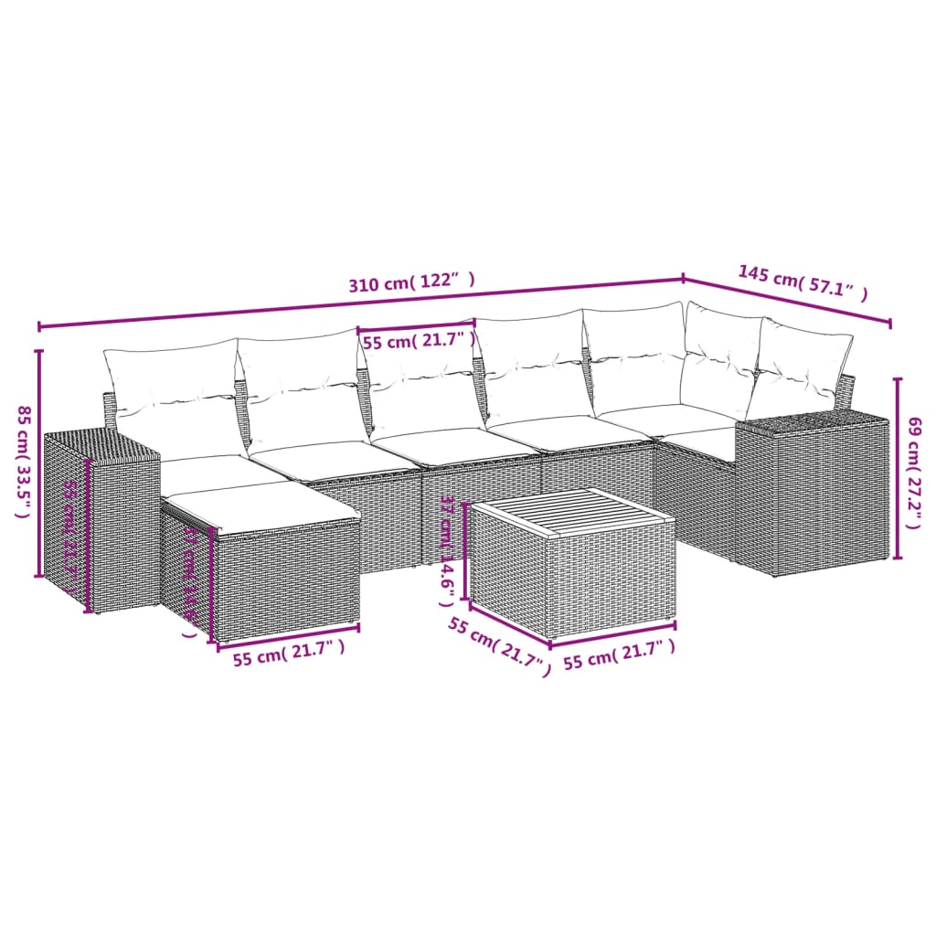 vidaXL 8-delige Loungeset met kussens poly rattan grijs afbeelding