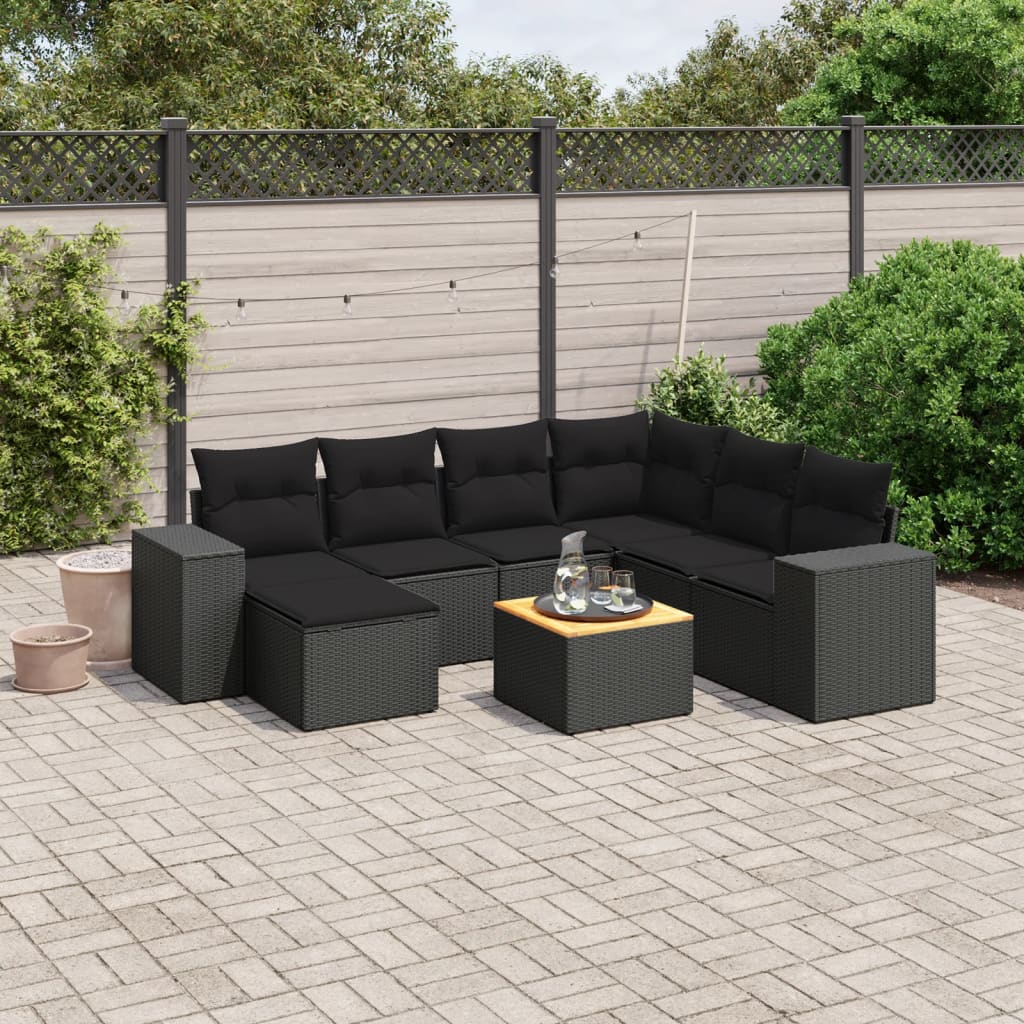 vidaXL 8-tlg. Garten-Sofagarnitur mit Kissen Schwarz Poly Rattan