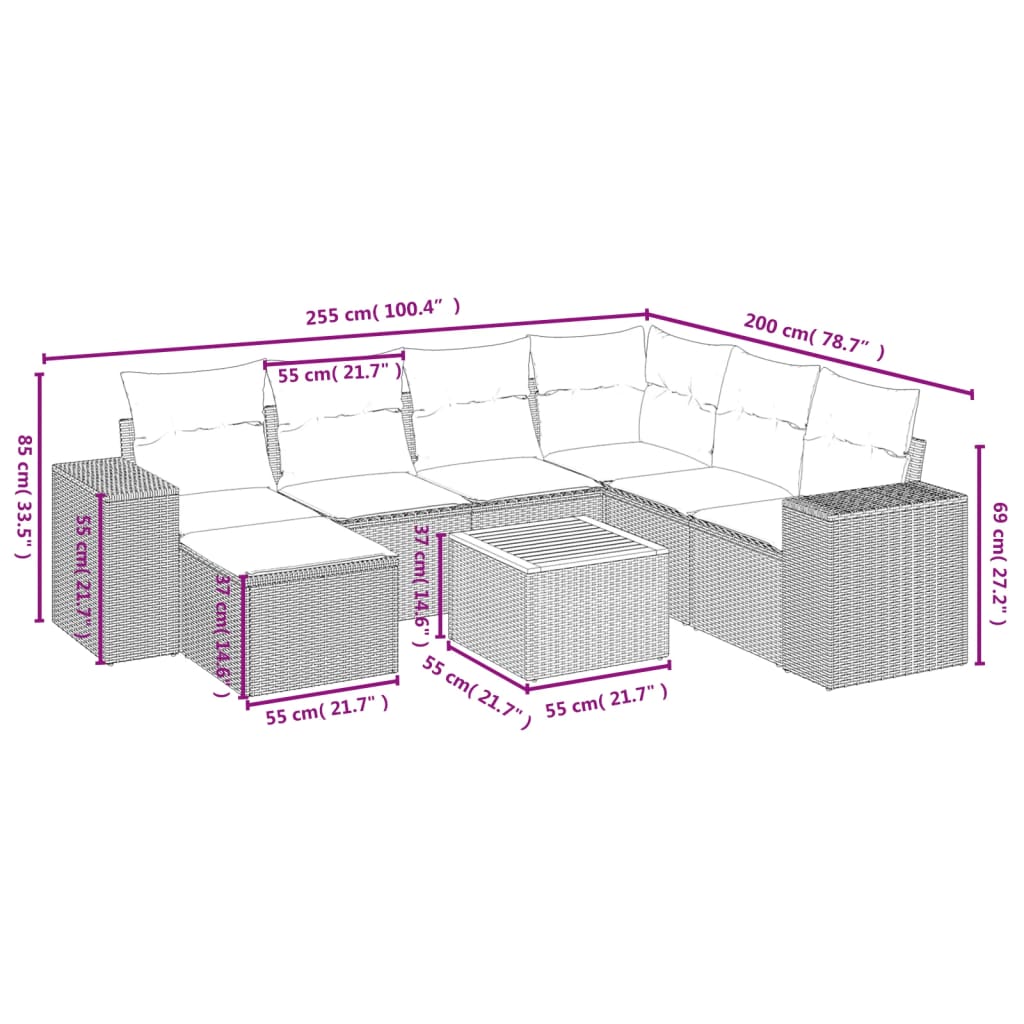 Set mobilier de grădină cu perne, 8 piese, negru, poliratan 3257890 - imagine 3