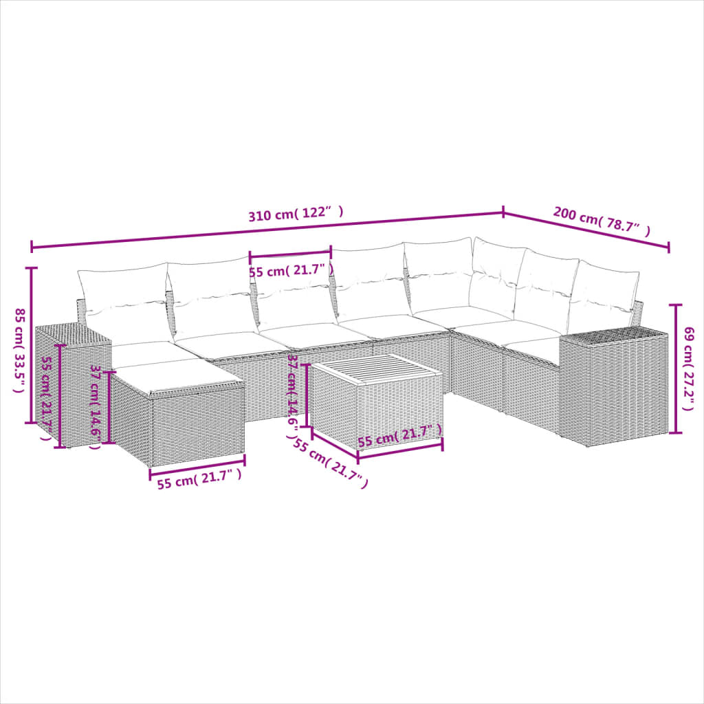 Set mobilier de grădină cu perne, 9 piese, negru, poliratan 3257911 - imagine 3