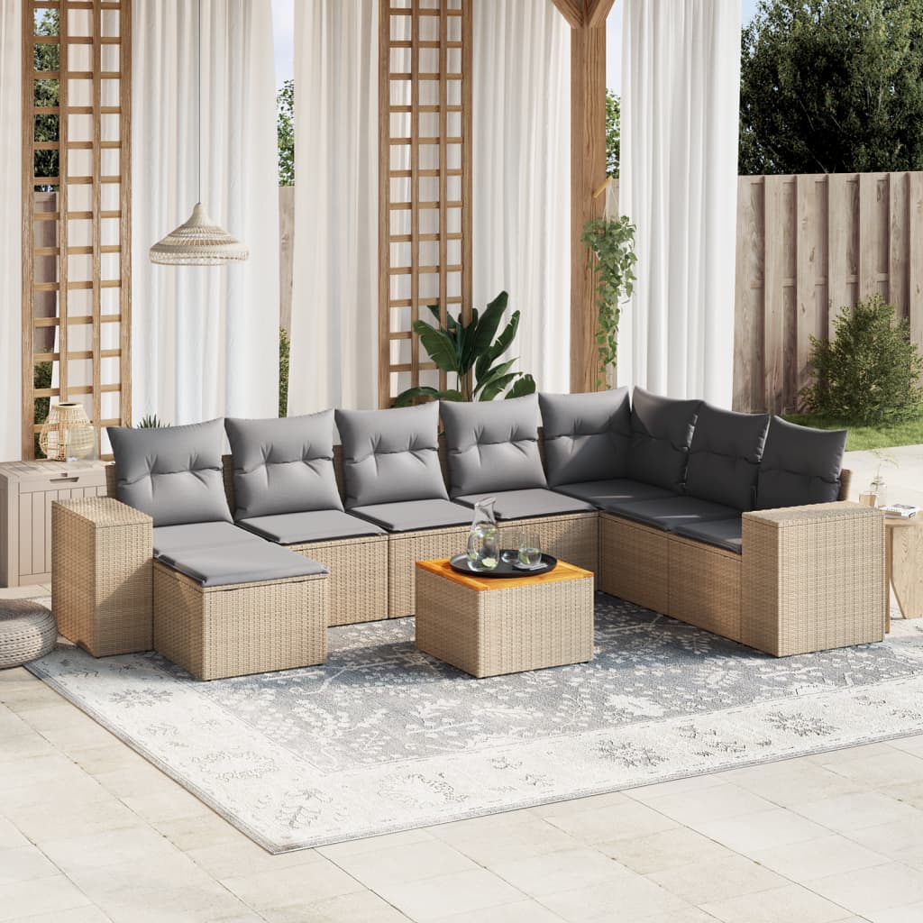 vidaXL 9-tlg. Garten-Sofagarnitur mit Kissen Beige Poly Rattan