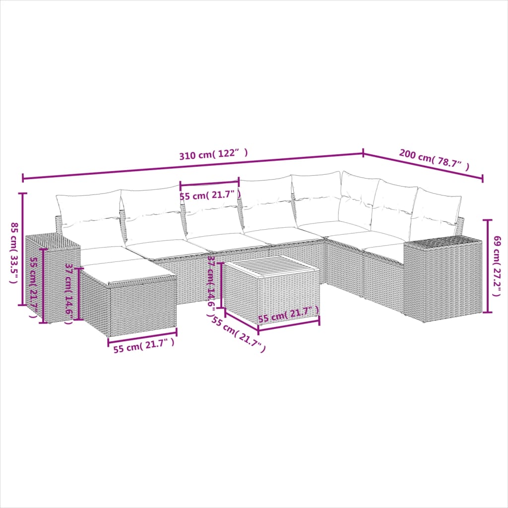 vidaXL 9-delige Loungeset met kussens poly rattan grijs afbeelding