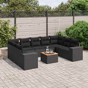 Vrtna sedežna garnitura 10-delna z blazinami črn poli ratan