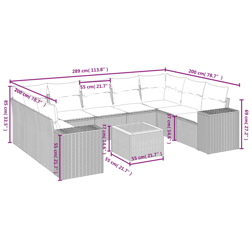 vidaXL 10-delige Loungeset met kussens poly rattan zwart