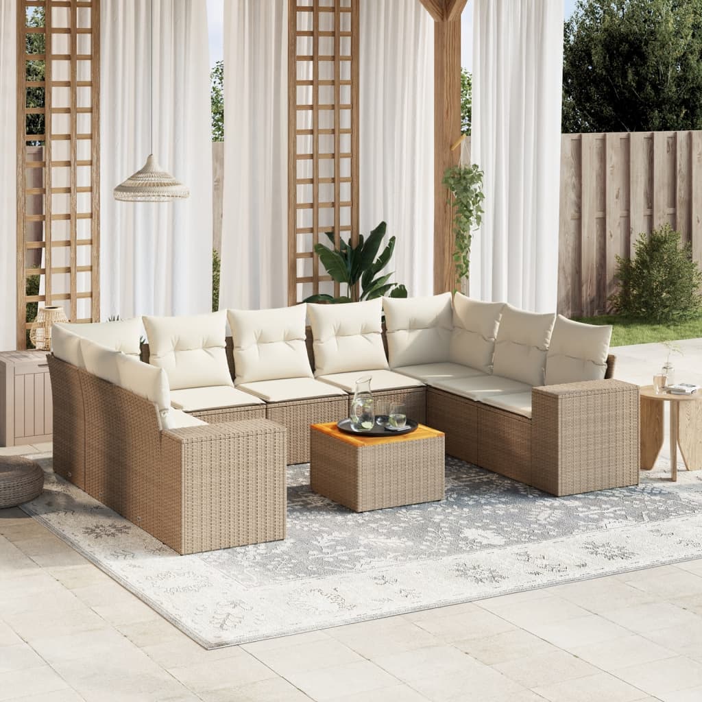 vidaXL 10-tlg. Garten-Sofagarnitur mit Kissen Beige Poly Rattan